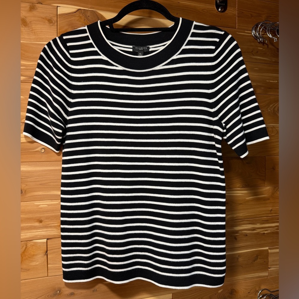 Talbots Black and White Striped Short Sleeve Sweater Top